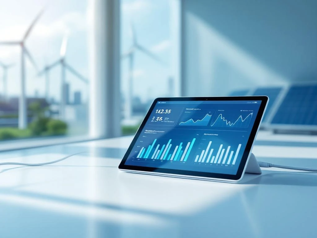 Een tablet van Energy Check toont energiebeheerdata met windmolens en zonnepanelen op de achtergrond in een moderne kantoorruimte.