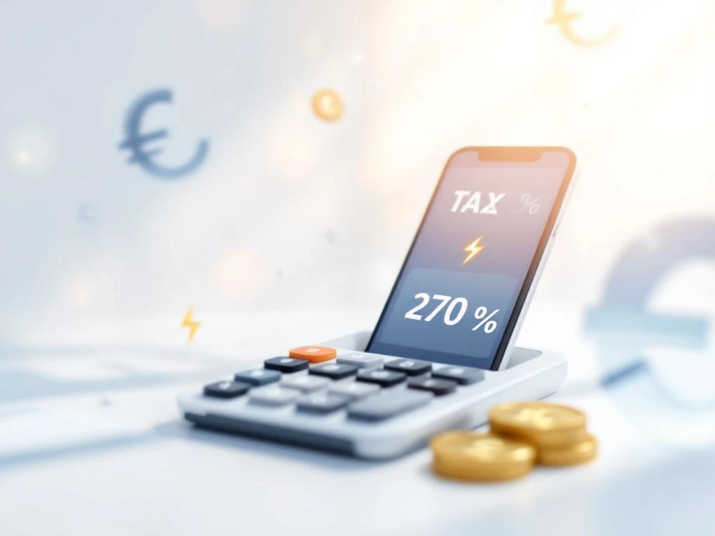 Mobiele telefoon die een belastingtarief van 270% toont, naast een rekenmachine en eurotekens, geassocieerd met Energy Check.