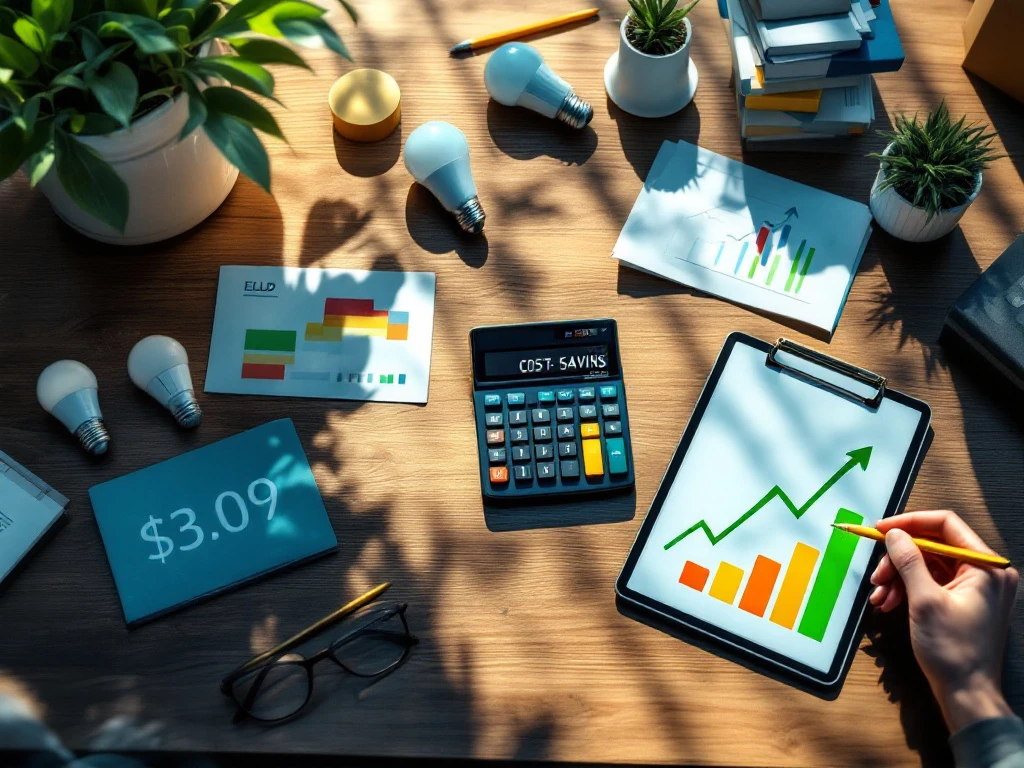 Bureau met energiebesparingshulpmiddelen, waaronder een calculator met 'COST SAVINGS', grafieken, planten en LED-lampen, passend bij het thema van Energy Check.
