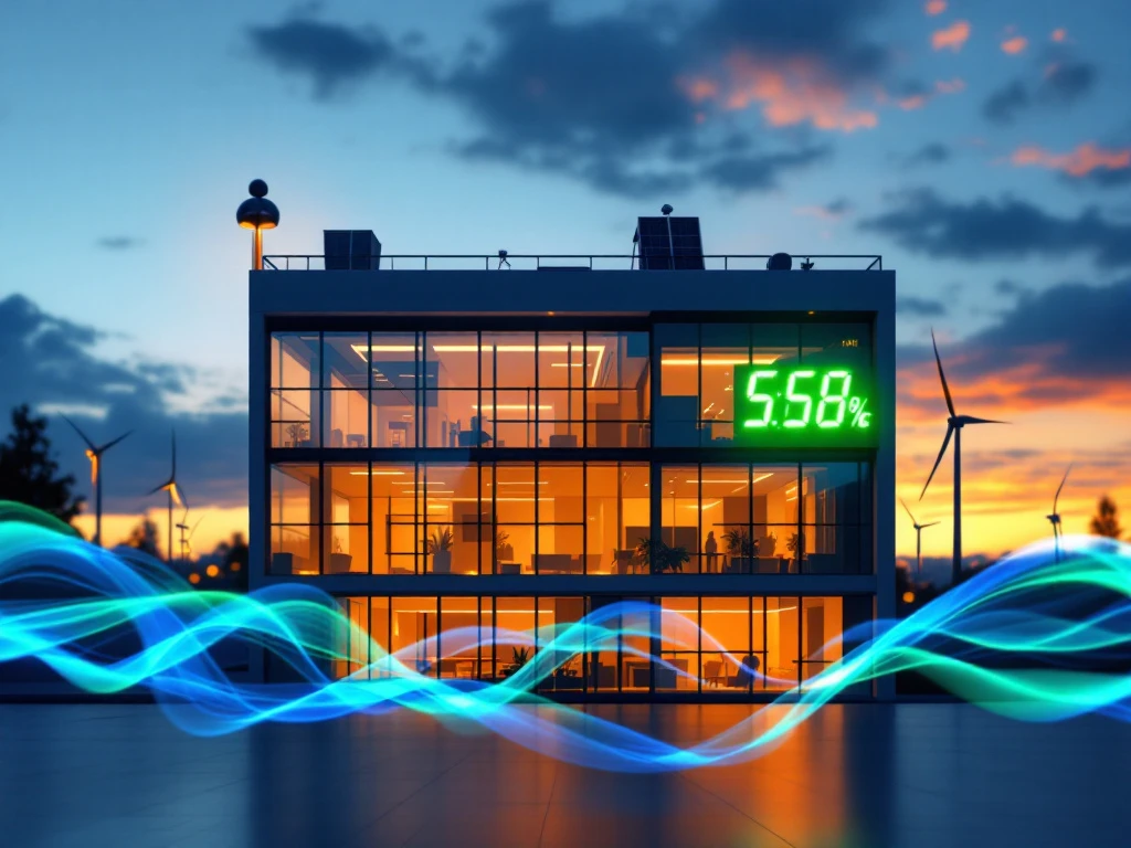 Een modern kantoorgebouw met energiezuinige led-verlichting en een digitale weergave van 5,58% energie-besparing bij zonsondergang, omringd door windturbines.