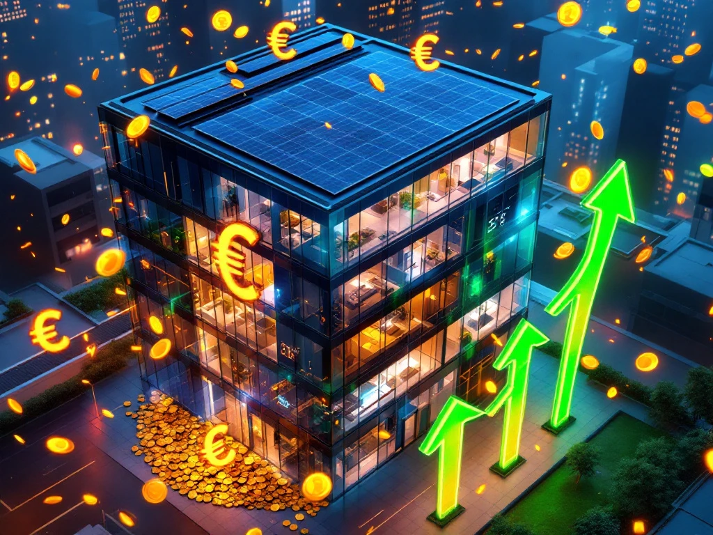 Een kantoorgebouw met zonnepanelen op het dak, omringd door muntstukken en groene pijlen omhoog die energiebesparing en kostenreductie bij Energy Check symboliseren.