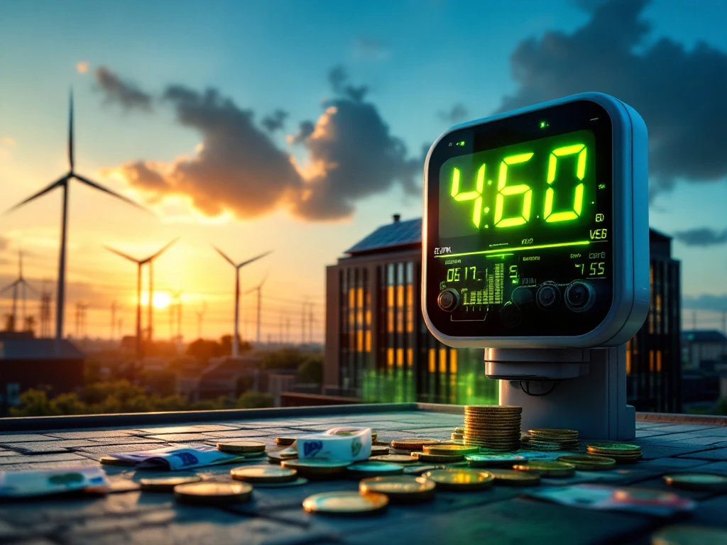 Een energieverbruiksmonitor toont besparingen in een stadslandschap met windmolens en zonnepanelen bij zonsondergang, in lijn met Energy Check's focus op duurzaamheid.