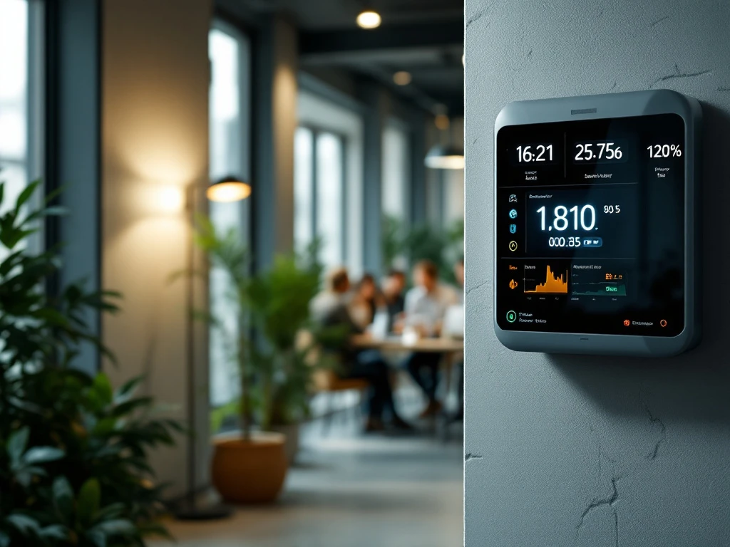 Een energiebewustzijnsdisplay van Energy Check in een moderne kantooromgeving toont realtime energieverbruik, terwijl op de achtergrond een vergadering plaatsvindt.