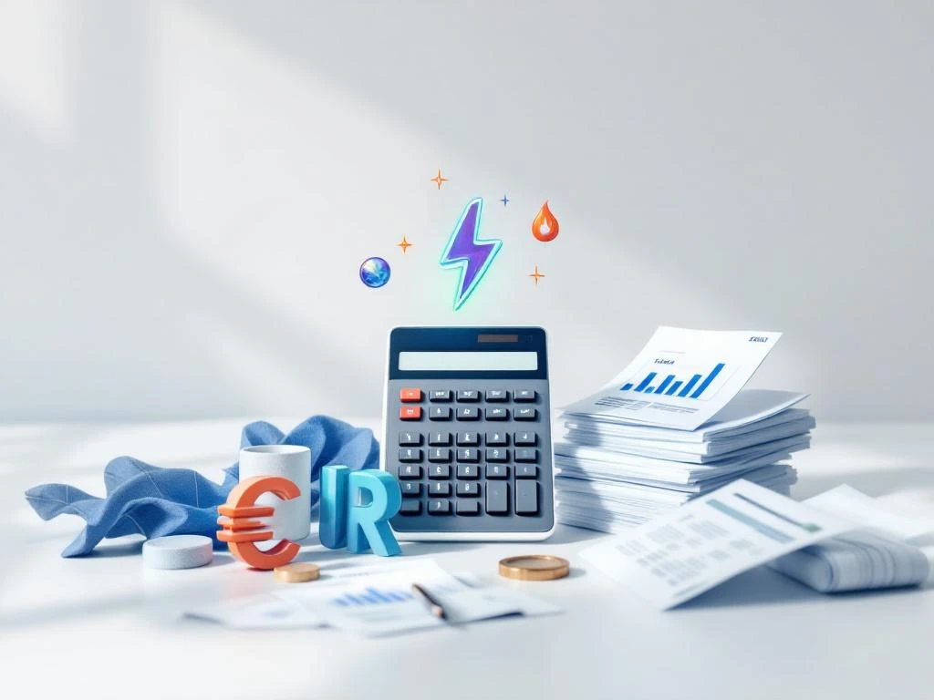 Een calculator naast stapels belastingdocumenten en kostenoverzichten met energiebesparende symbolen en het euroteken erop.