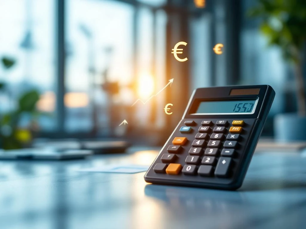 Een rekenmachine op een bureau toont een stijging van Euro-symbolen bij ochtendlicht, symboliserend energie- en kostenbesparingen, gerelateerd aan Energy Check.