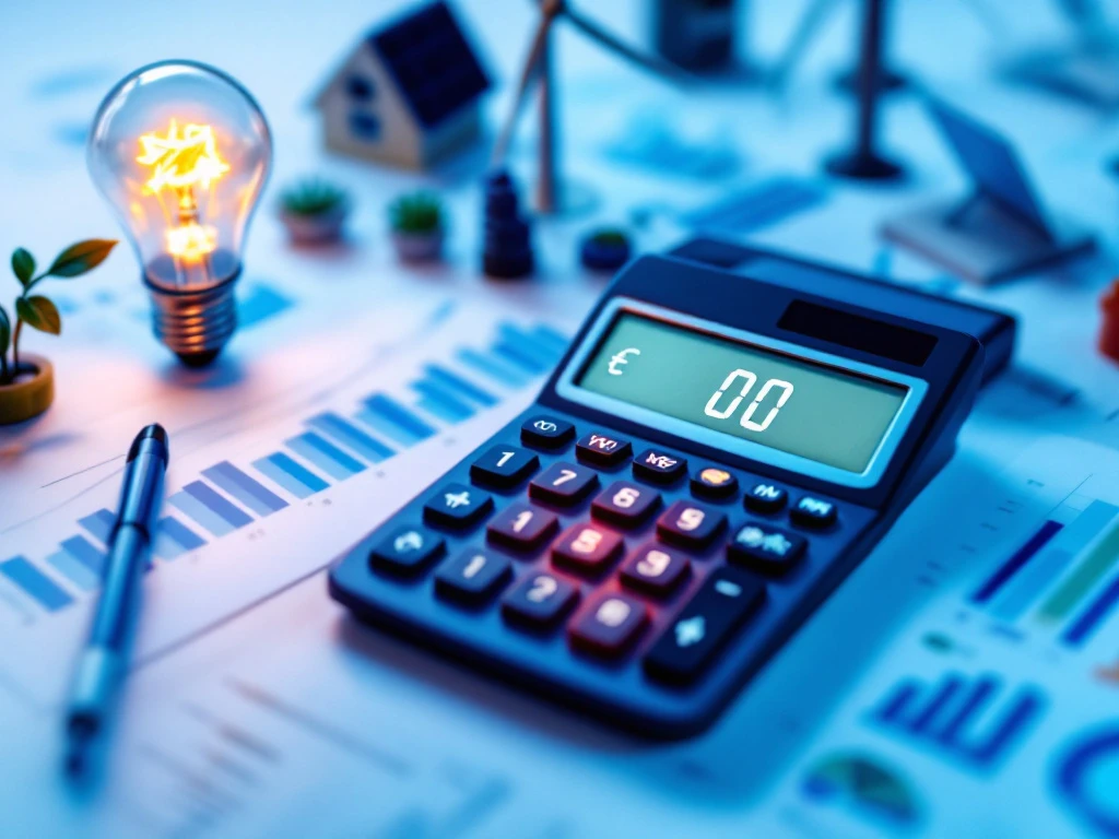 Een calculator en gloeilamp met grafieken, symboliserend zakelijke kostenbesparing en energiebeheer voor Energy Check.
