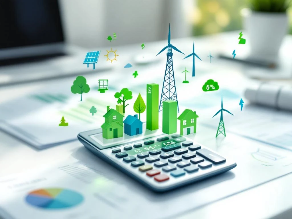Een calculator op een bureau omringd door digitale iconen van duurzame energie zoals windmolens en zonnepanelen voor Energy Check's energiecalculator en kostenplanning.