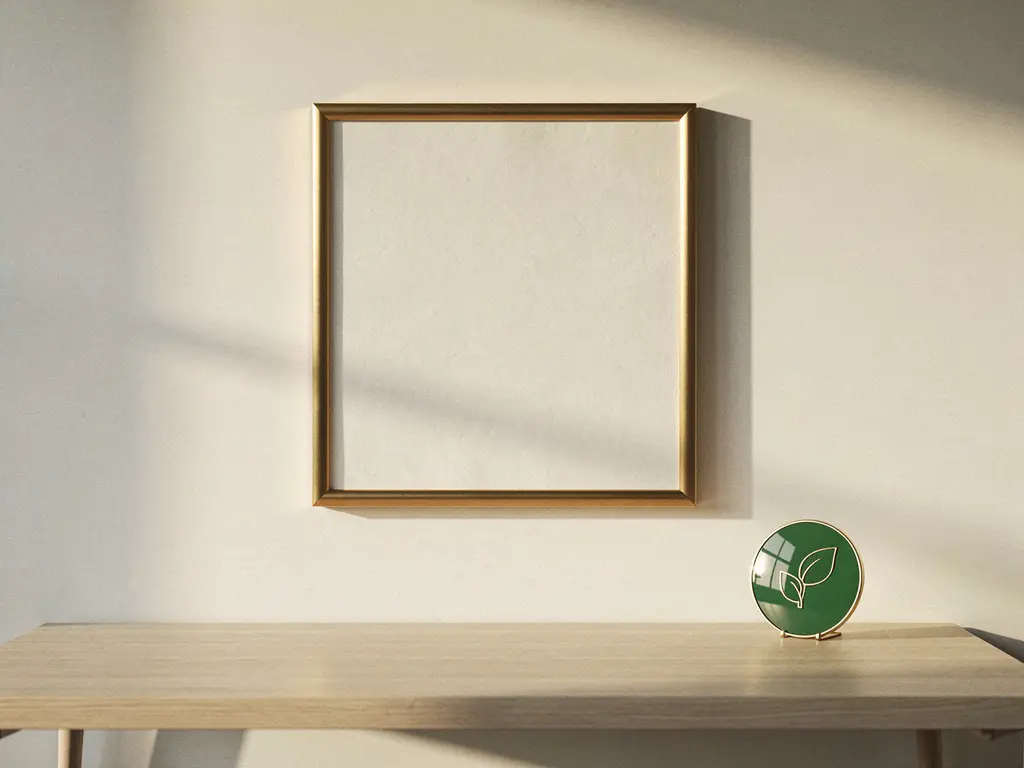 Ingelijst officieel certificaat aan kantoorwand met groen energie-efficiëntiebadge op modern bureau in warm middaglicht.