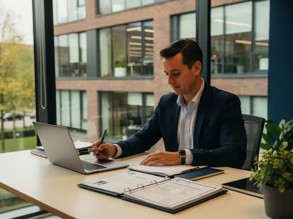 Zakelijke professional registreert energiecompliancedocumenten aan bureau met certificatenmap en laptop, modern Nederlands kantoor op achtergrond.