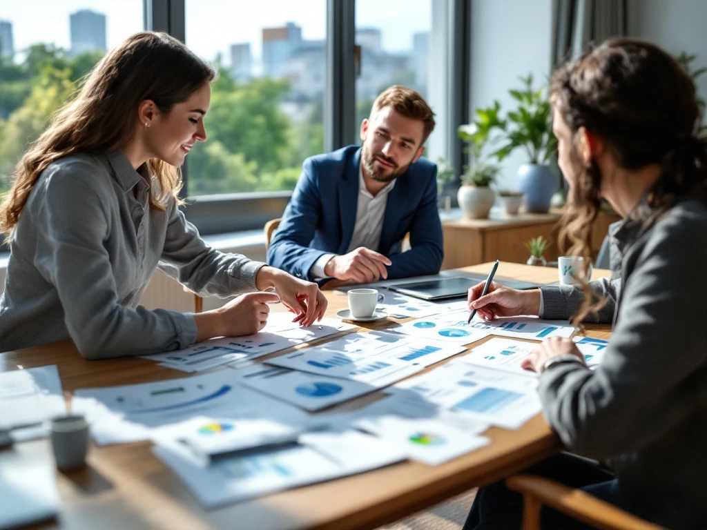 Professionals overleggen in een moderne, groene kantooromgeving van Energy Check met focus op duurzame rapporten en grafieken.