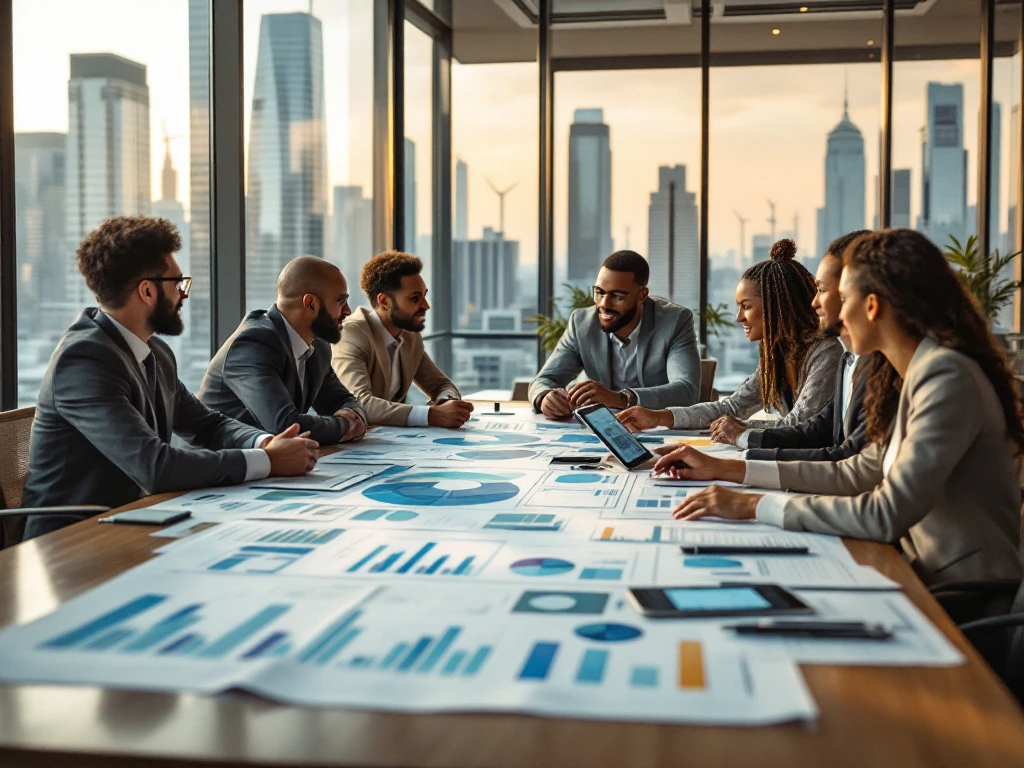 Zakelijke vergadering van Energy Check over duurzame oplossingen, met een team in een moderne vergaderruimte omringd door stadszicht en grafieken op tafel.