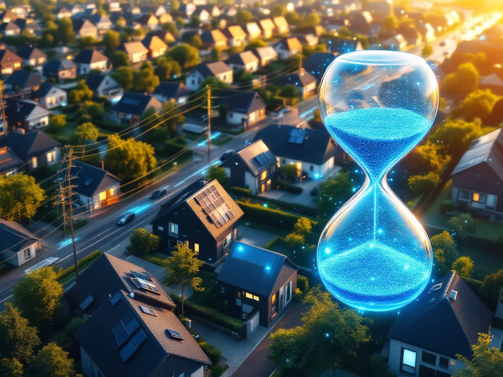 Luchtfoto van een zonnige Nederlandse woonwijk met op daken zonnepanelen en een zwevende zandloper als symbool voor energiebesparing door Energy Check.