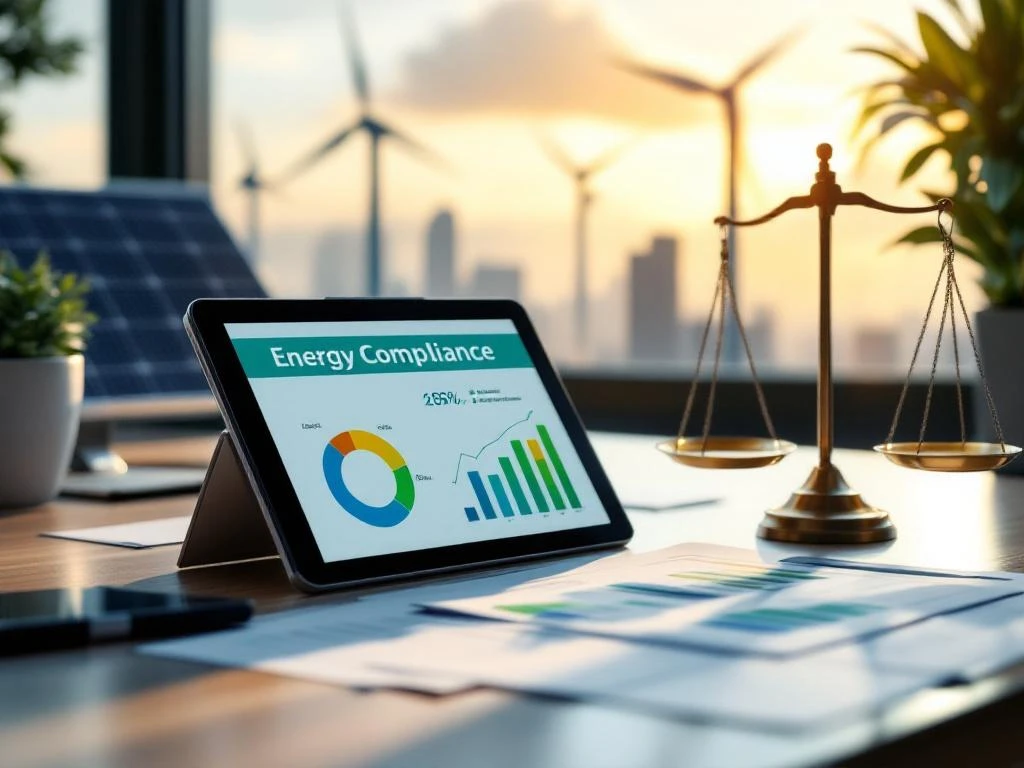 Een tablet die een Energy Compliance grafiek toont, staat op een bureau naast documenten en een weegschaal, met windturbines op de achtergrond, weergegeven op een kantoor van Energy Check.