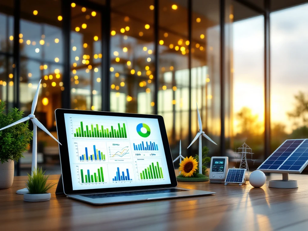 Een moderne werkplek in een energie-consultancy kantoor van Energy Check in Nederland met een laptop die duurzame energiegegevens toont, omringd door miniatuur windmolens en zonnepanelen.
