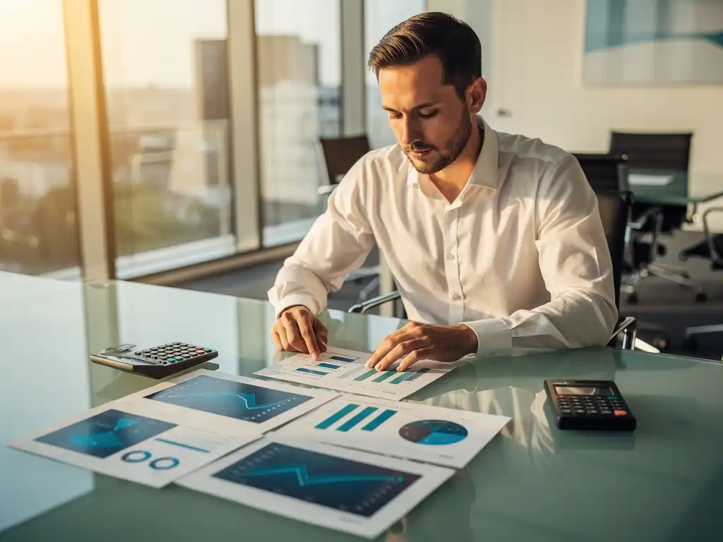 Een energieconsultant van Energy Check analyseert verbruiksgrafieken in een modern kantoor.