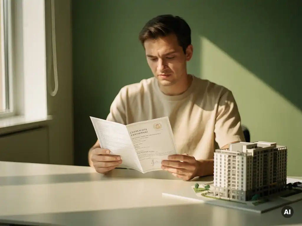 Energieconsulent bestudeert certificeringsdocument aan modern bureau met architectuurmodel, warm natuurlijk daglicht.