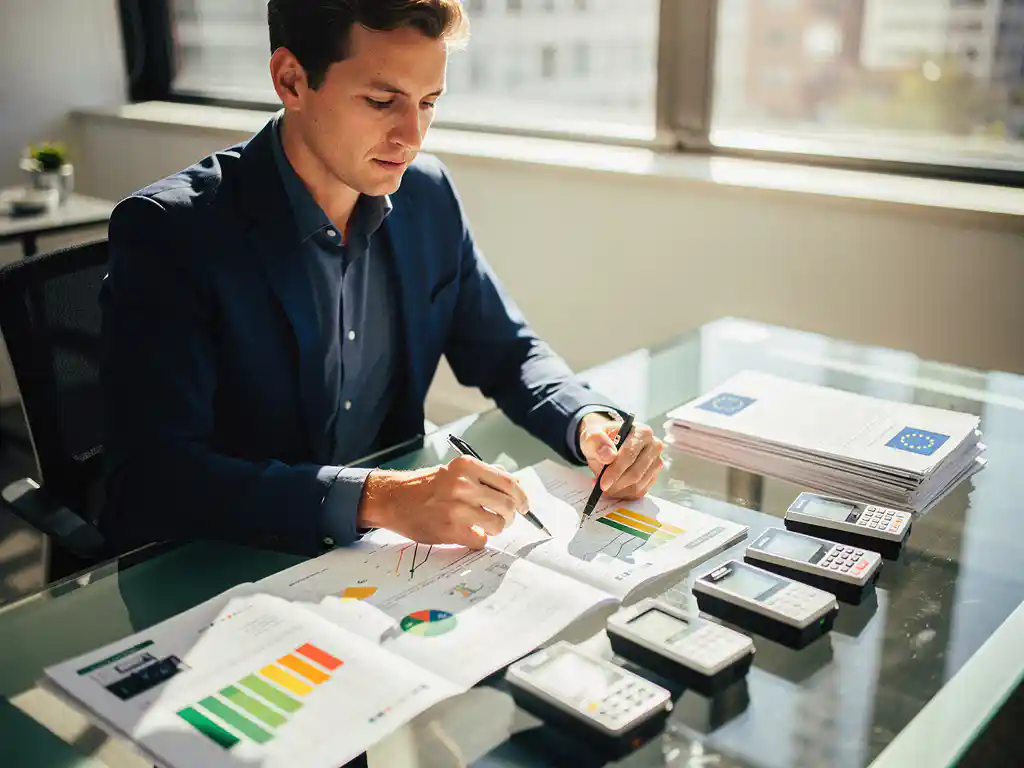 Een energieconsulent bij Energy Check analyseert een efficiencyrapport met EU-compliance documenten op een bureau.