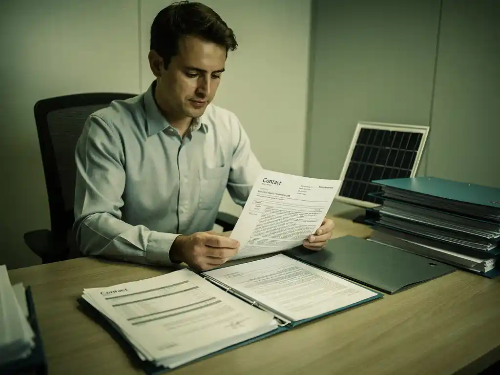 Energieconsultant analyseert elektriciteitscontracten op modern bureau met zonnepaneel model, professionele kantooromgeving.