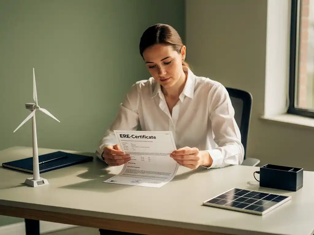 Energieconsultant bestudeert ERE-certificaat aan bureau met miniatuur windturbine en zonnepaneel, zacht natuurlijk raamlicht.