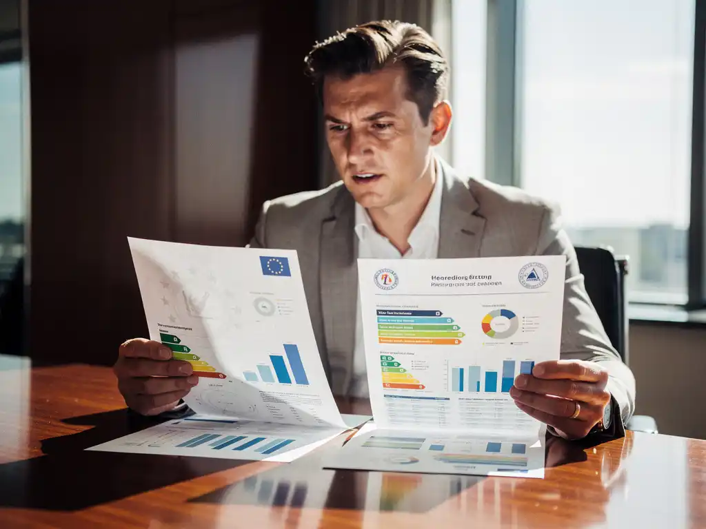 Een energieconsultant bekijkt gedetailleerde grafieken en documenten over EU en Nederlandse regelgeving in een kantooromgeving.