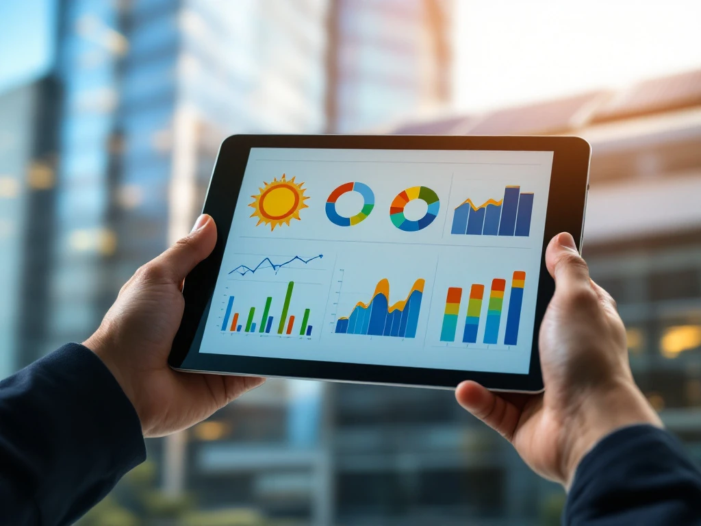 Een energieconsultant van Energy Check houdt een tablet vast met grafieken die energie-efficiëntie analyseren.