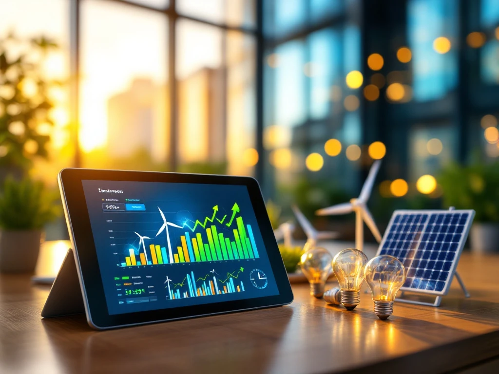 Een tablet met energiegegevens wordt in een modern kantoor van Energy Check weergegeven, omringd door miniatuurmodelen van een zonnepaneel en windmolens, symbool voor duurzaamheid.
