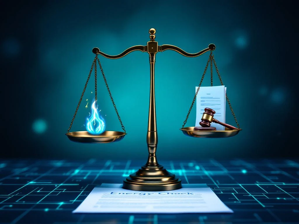 Een weegschaal met aan de ene kant een brandende blauwe vlam en aan de andere kant juridische documenten met een hamer, boven een papier met het Energy Check-logo, symboliserend juridisch advies bij energiecontracten.
