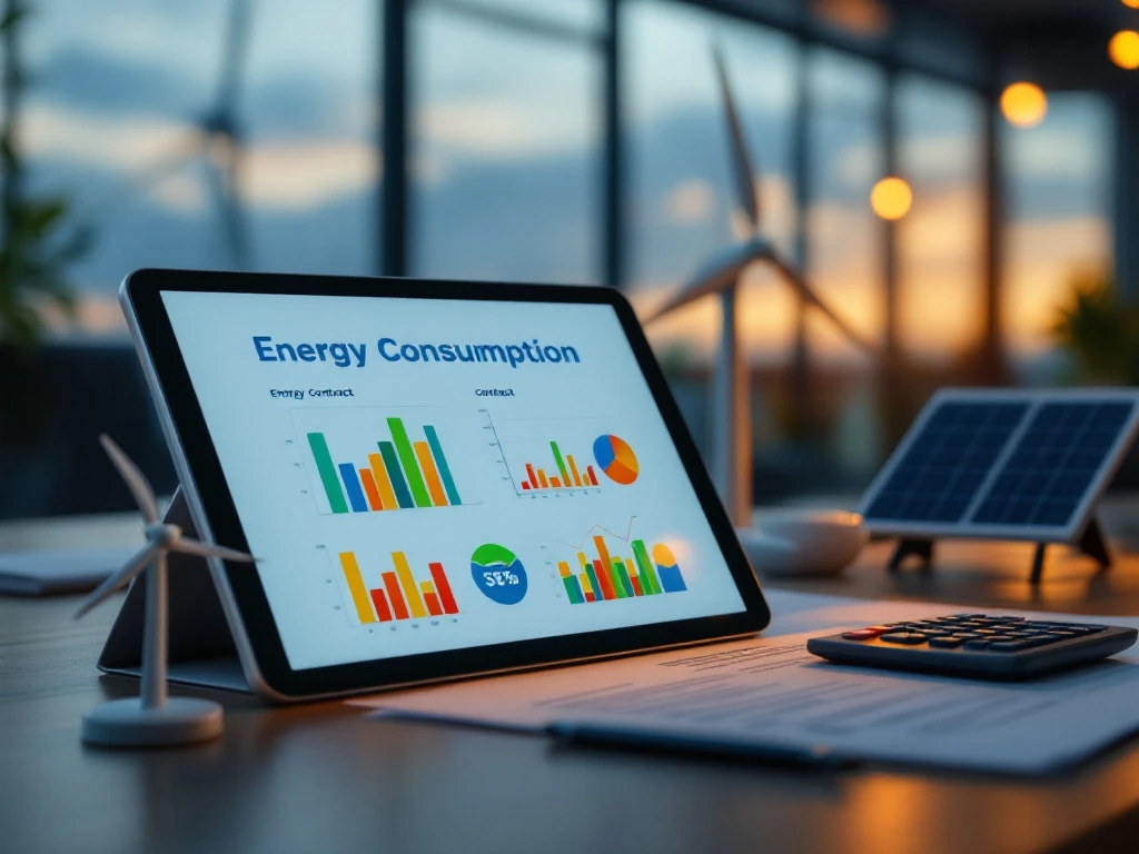 Een tablet met energieverbruiksdiagrammen staat op een kantoorbureau naast een rekenmachine, windmolenmodel en zonnepanelen, bij Energy Check.
