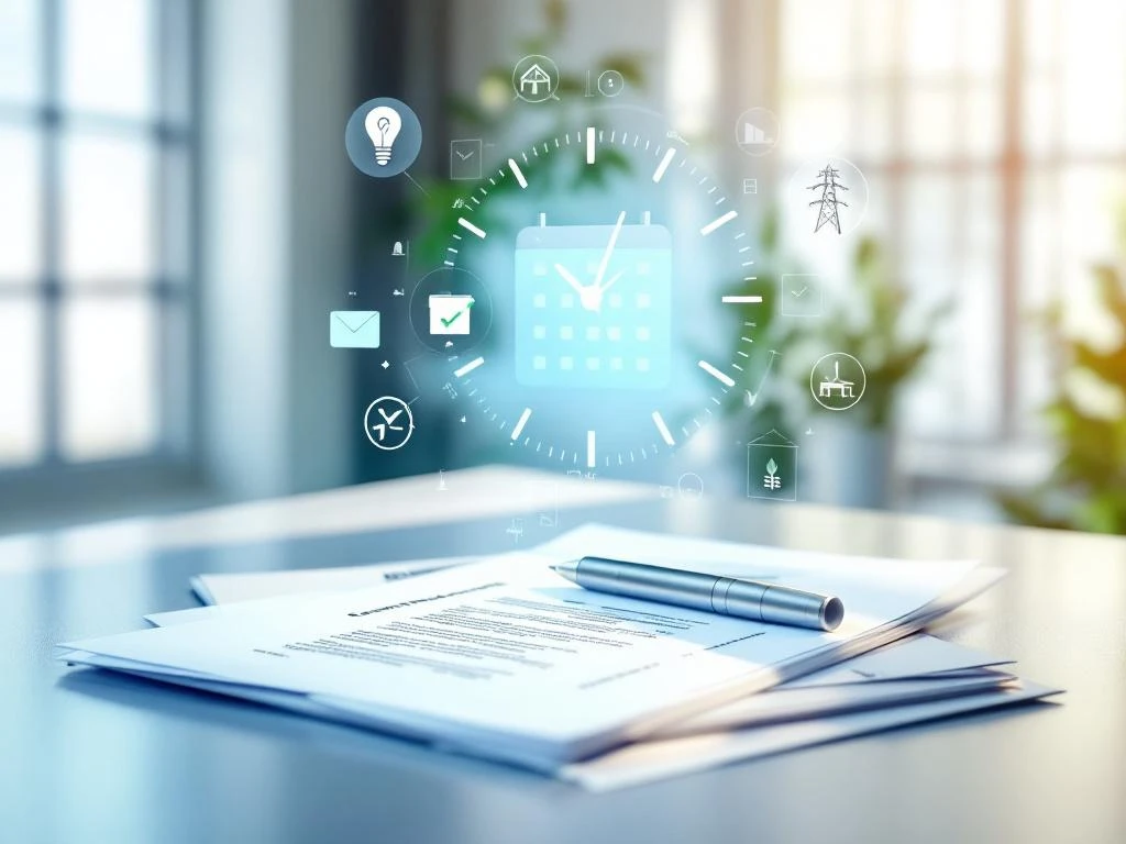 Een energiecontract ligt op een bureau, omringd door een digitale klok en kalender met pictogrammen voor timing en besluitvorming.