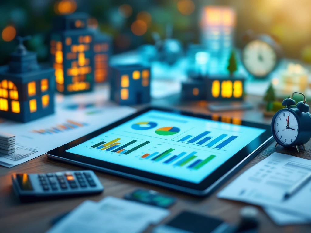 Een tablet toont grafieken voor energiecontractvergelijking, geplaatst op een bureau met rekenmachine, documenten en een klok, omringd door verlichte miniatuurgebouwen, passend bij de zakelijke dienstverlening van Energy Check.