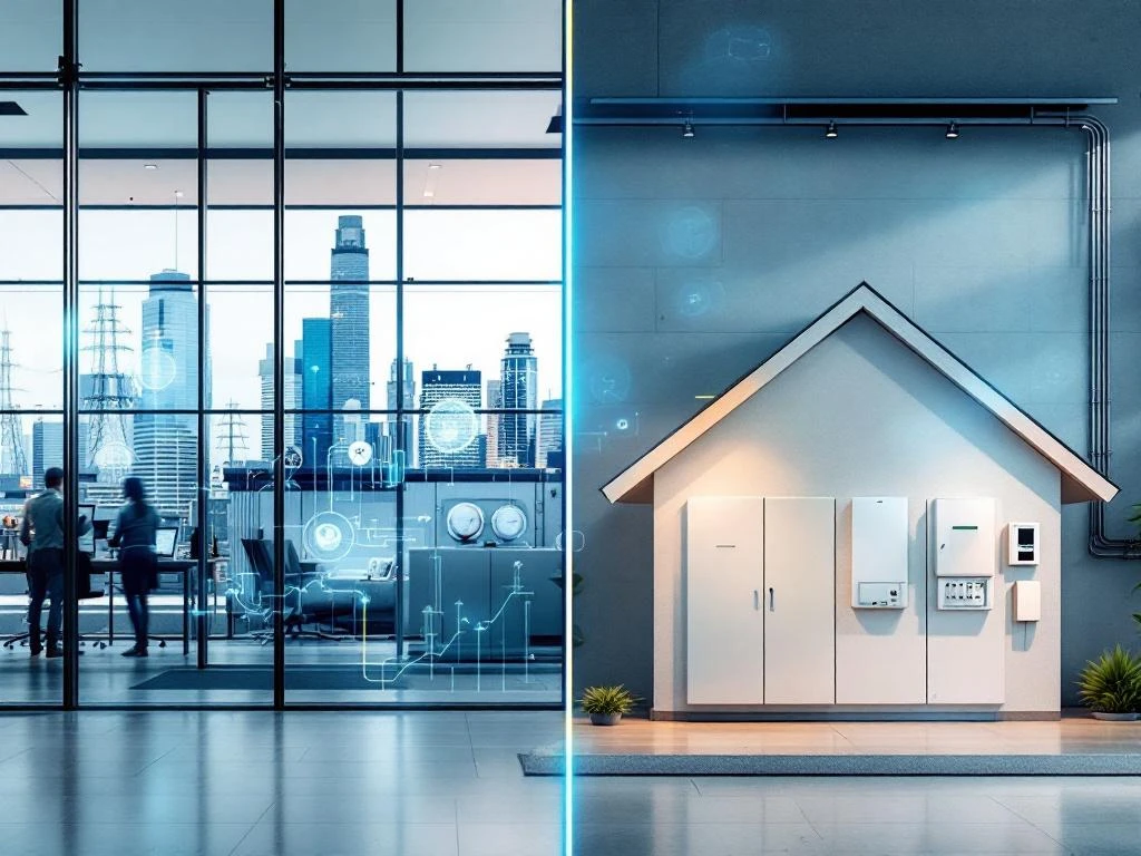 Een illustratie van Energy Check die een vergelijking toont tussen een modern kantoor met digitale energiebeheerfuncties en een huis uitgerust met energiebeheersystemen.