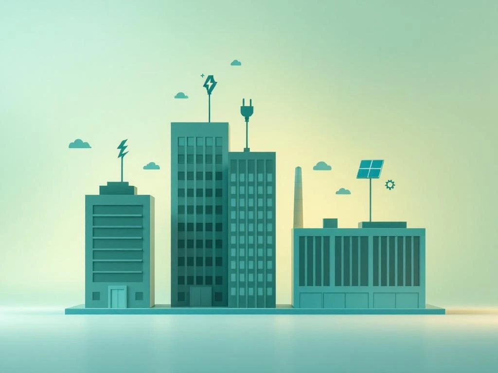 Illustratie van een stadssilhouet met gebouwen die duurzaamheid en energieoplossingen van Energy Check symboliseren.