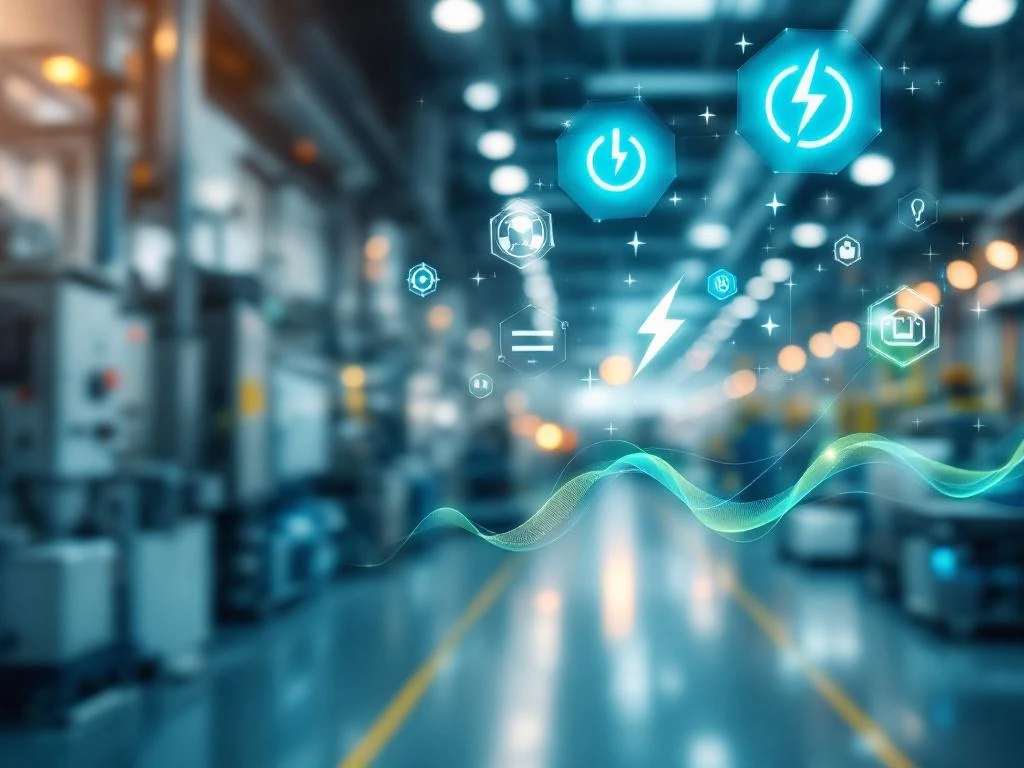 Een moderne industriële faciliteit met geavanceerde energiebeheertechnologieën, getoond door digitale energie-iconen, gepresenteerd door Energy Check.