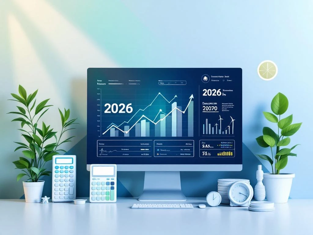 Een modern energie-dashboard uit 2026 met grafieken en duurzaamheidstrends van Energy Check, omringd door kantoorplanten en rekenmachines.
