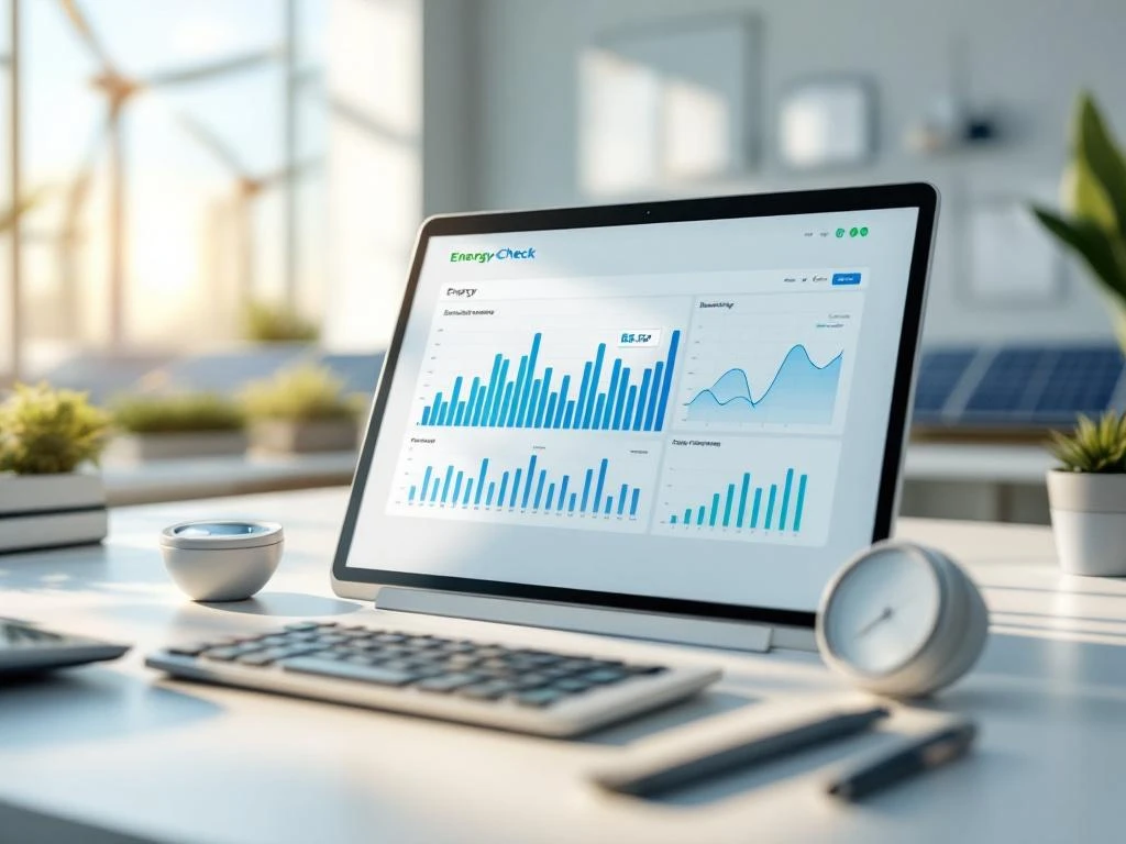 Een computer op een bureau toont het energie-dashboard van Energy Check met statistieken over hernieuwbare energie.