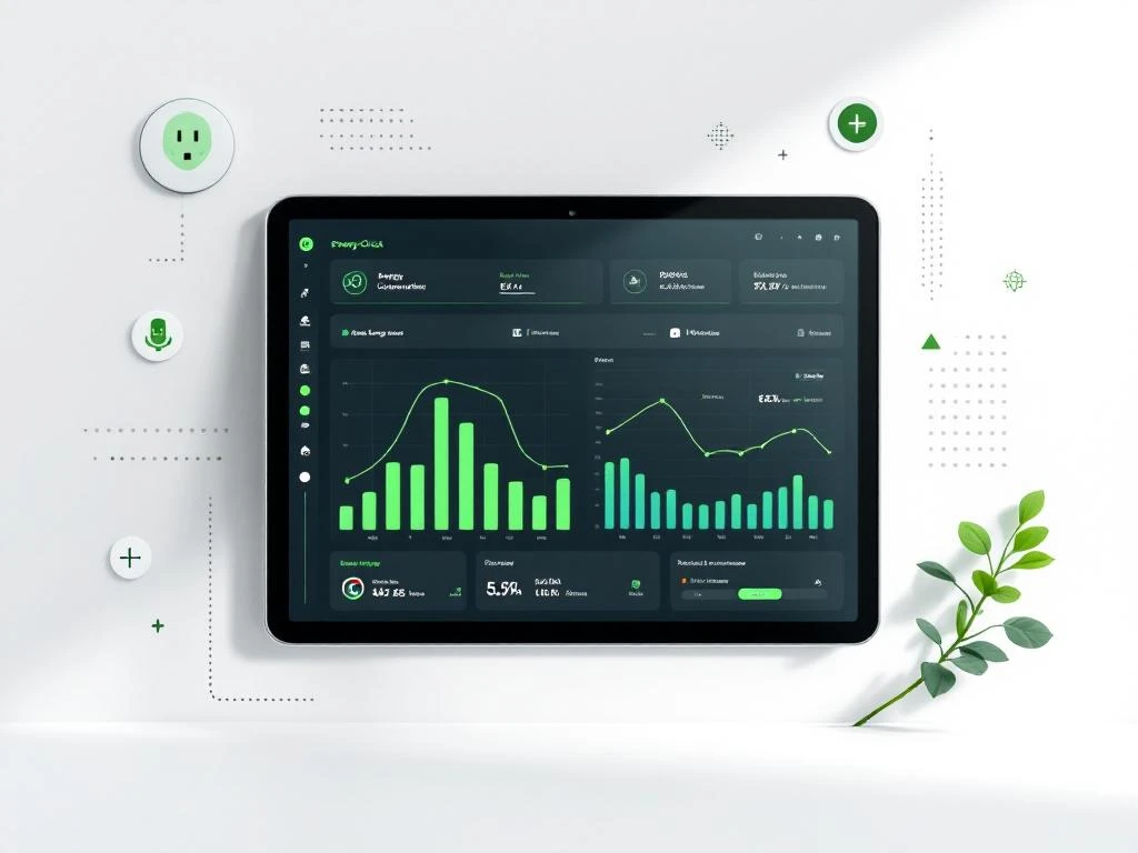 Tablet met Energy Check energie-dashboard dat grafieken van energieverbruik toont, omringd door groene symbolen en plant.