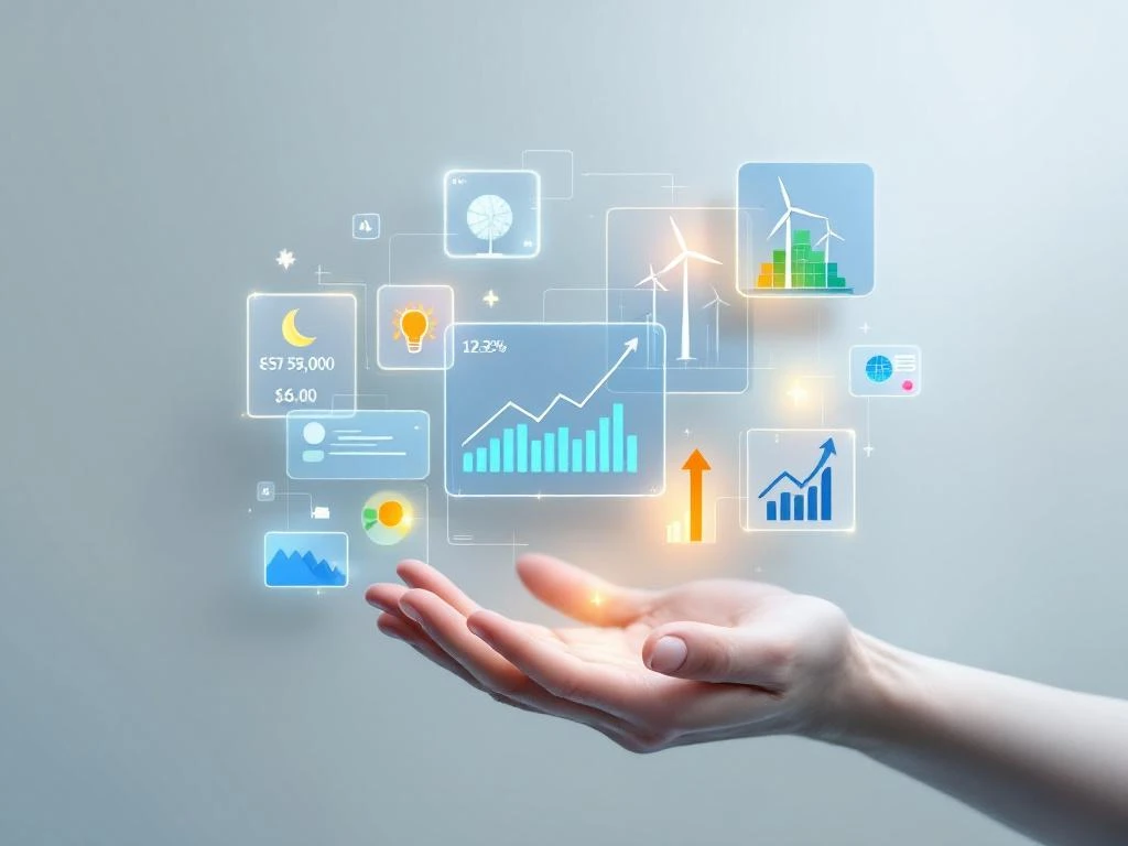 Hand met zwevende grafieken en iconen die hernieuwbare energie en een energie-dashboard vertegenwoordigen voor Energy Check.