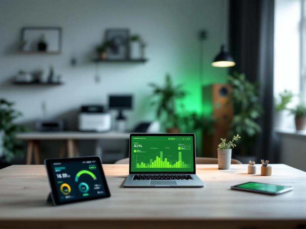 Een moderne kantoorruimte met een laptop en tablet die beiden energieverbruik en duurzaamheid monitoren via het Energy Check dashboard.
