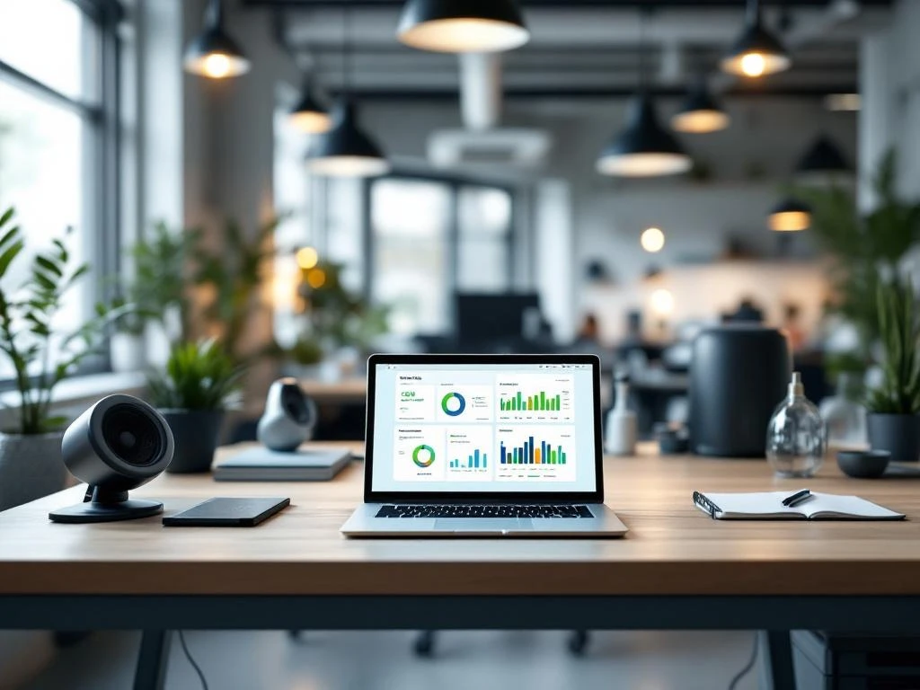 Een open kantoorruimte met een laptop waarop een energie-dashboard te zien is, omringd door planten en moderne kantoormeubels, passend bij de duurzame werkplek van Energy Check.