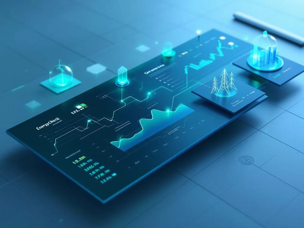 3D-visualisatie van een interactief energie-dashboard van Energy Check voor optimalisatie en beheer.