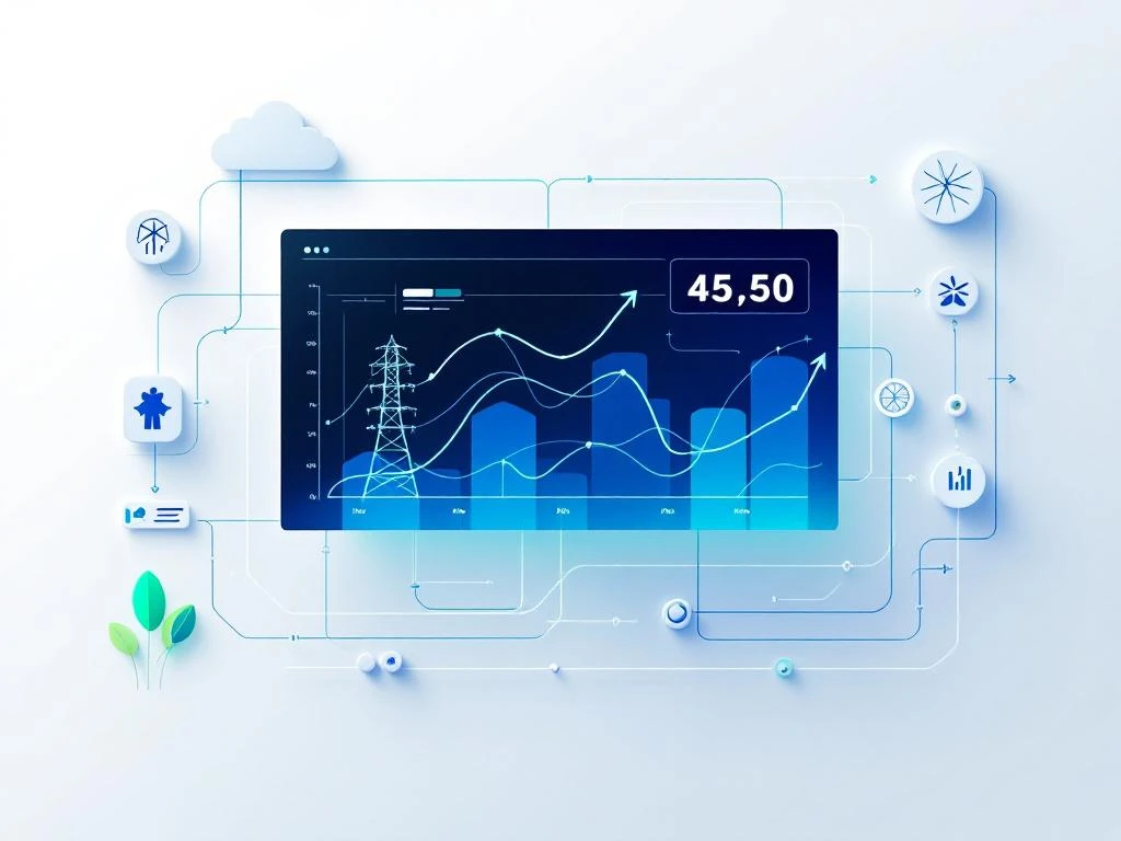 Visualisatie van een energie-dashboard voor stroomnetwerkbeheer met grafieken en dataverbindingen van Energy Check.