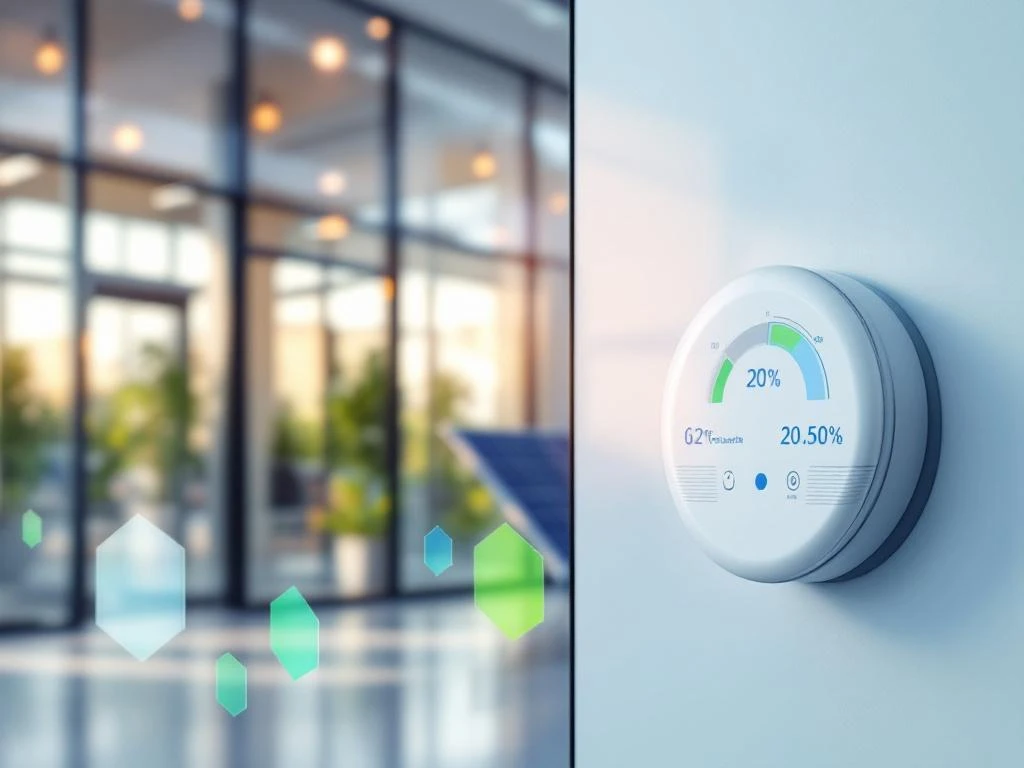 Een energie-efficiënte kantooromgeving met een slimme energiemeter en zonnepanelen reflecterend in het raam, gepresenteerd door Energy Check.