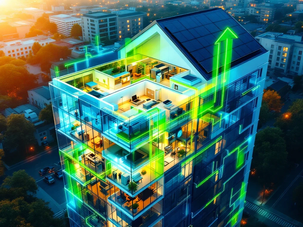 Energiezuinig kantoorgebouw van Energy Check met zonnepanelen en digitale grafische pijlen die duurzame optimalisatie illustreren.