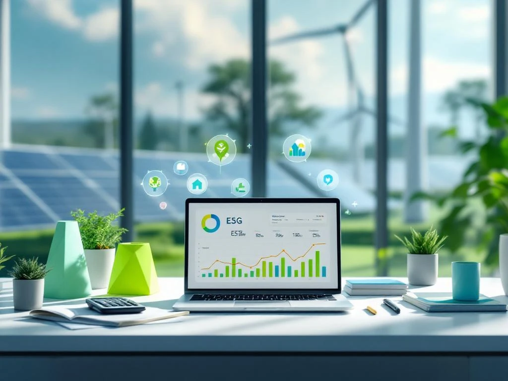 Een laptop op een bureau met groene planten toont ESG-gegevens en duurzaamheidsgrafieken, met zicht op zonnepanelen en een windturbine op de achtergrond, passend bij Energy Check's focus op energie-efficiëntie en duurzaamheid.