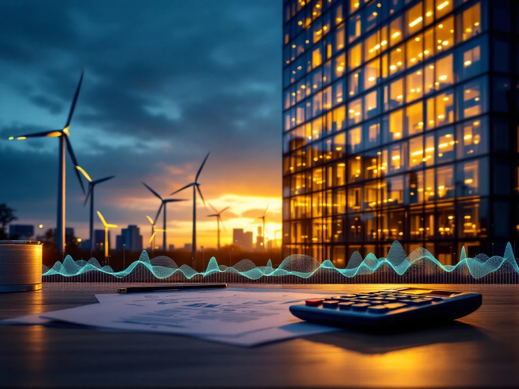 Een kantoorgebouw verlicht bij zonsondergang met windturbines op de achtergrond en documenten voor een kostenanalyse op tafel van Energy Check.