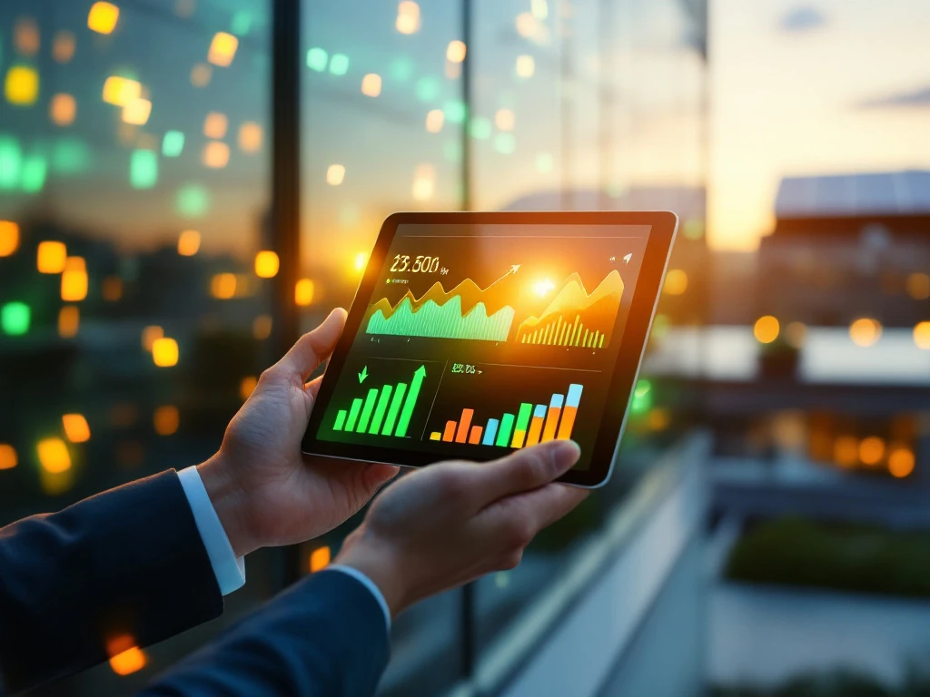 Een persoon in pak bekijkt energie-efficiëntiegrafieken op een tablet voor een glazen kantoorpand bij zonsondergang.