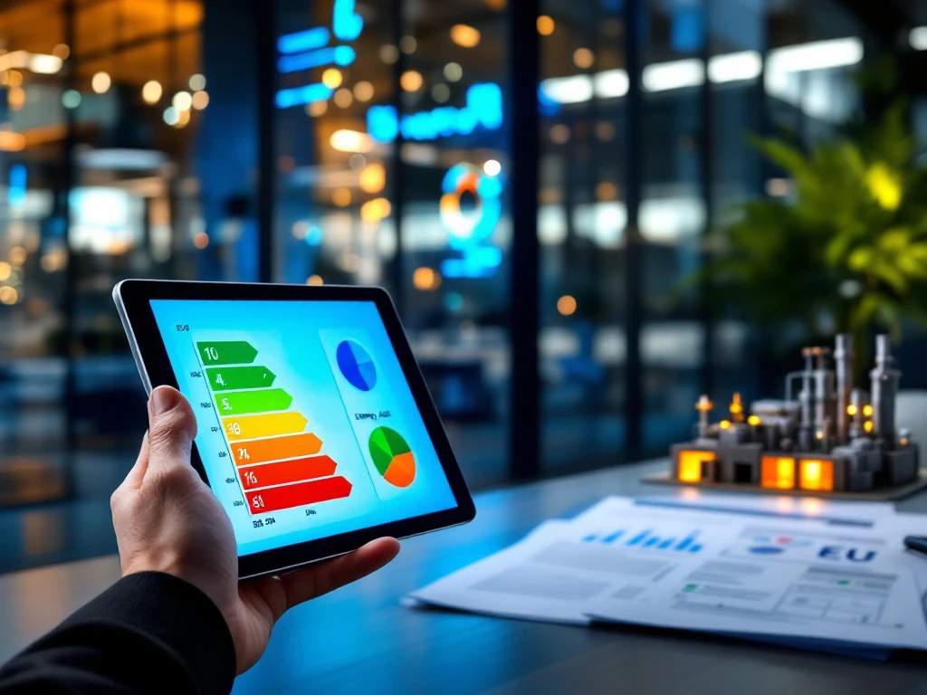 Een hand houdt een tablet vast met een energie-efficiëntie grafiek, naast documenten en een model van een industriële installatie in een vergaderruimte, gerelateerd aan een warmtekaart-audit door Energy Check.