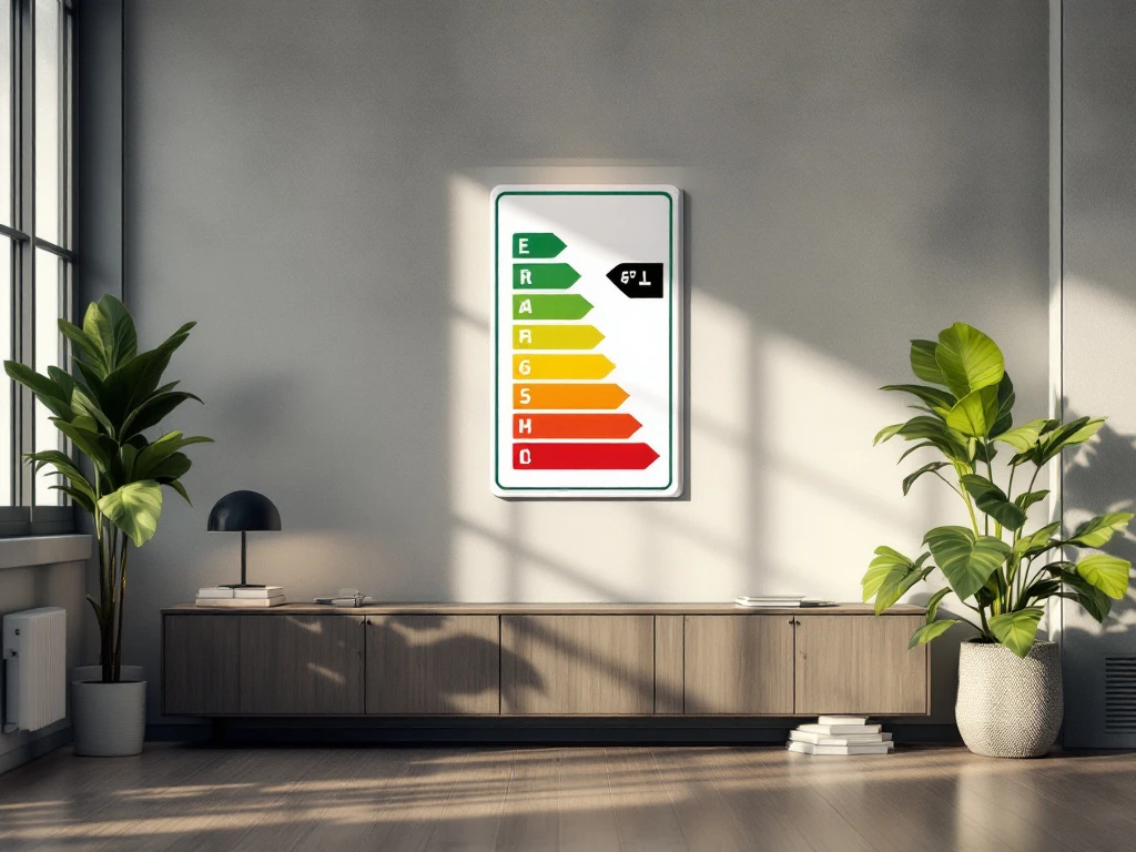 Energie-efficiëntielabel aan de muur in een moderne kantooromgeving van Energy Check, omgeven door planten en meubels.