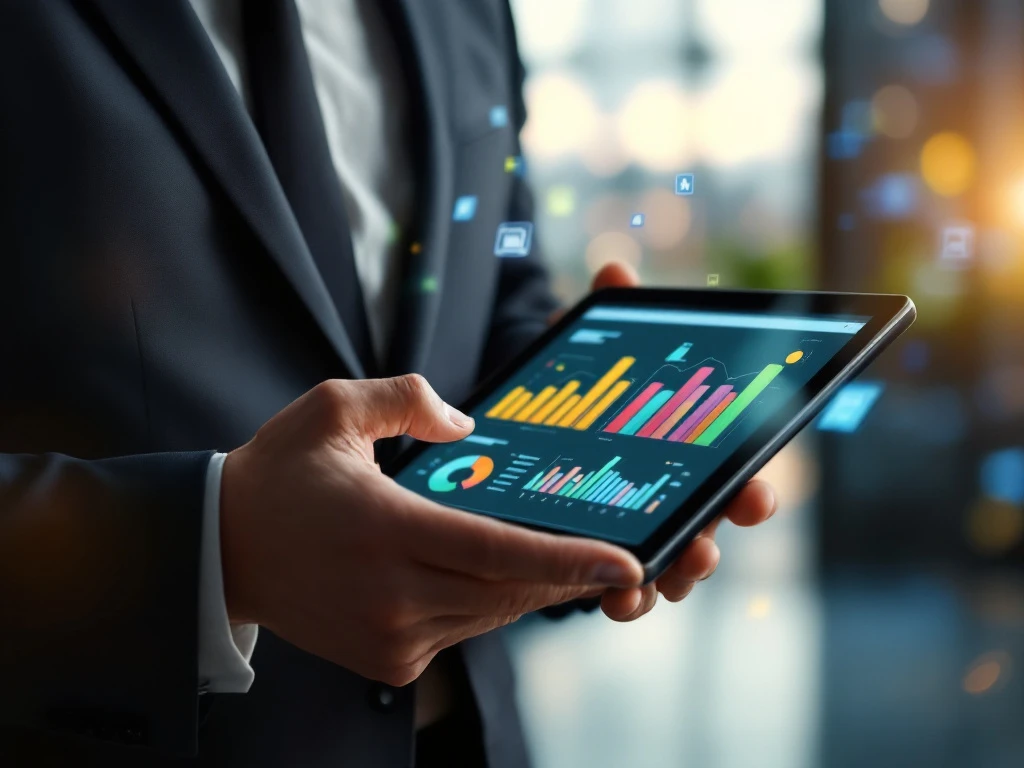 Een zakenman bekijkt energie-efficiëntiegegevens en grafieken op een tablet voor Energy Check.