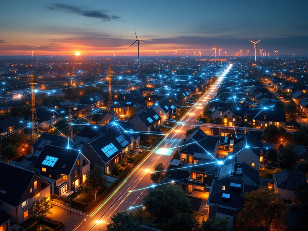 Luchtfoto van een Nederlandse energie-gemeenschap bij zonsondergang, met huizen voorzien van zonnepanelen en verbonden door een netwerk van lichtlijnen, tegen een achtergrond van windturbines.